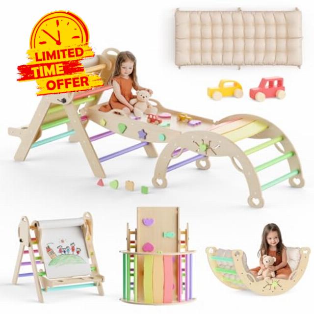 Pikler Triangle Set with Cushion 11 in 1 Climbing Toys for Toddlers Inside Montessori Toys Toddler Climbing Toys Indoor Wooden Climbing Gym with Drawing Board