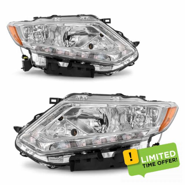 Headlight Assembly for 2014 2015 2016 Nissan Rogue Clear Lens Chrome Housing with Amber Reflector Headlamp Replacement Driver and Passenger Side Pair