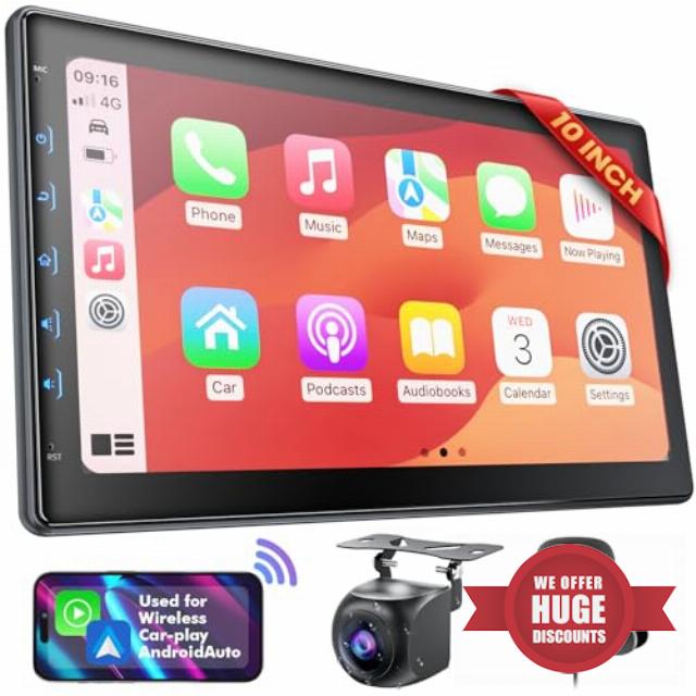 10 Inch IPS Touch Screen Double Din Car Stereo Compatible with Wireless Carplay