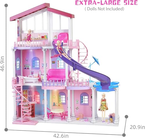 3-Story 47'' Sturdy Dollhouse with Big Furnitures & Accessories