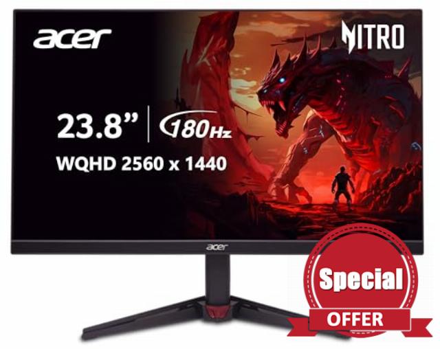 acer Nitro 23.8 Inch WQHD 2560 x 1440 ZeroFrame Design PC Gaming Monitor | AMD FreeSync | Up to 180Hz Refresh | Up to 0.5ms (G to G) | 1 x Display Port 1.4 and 2 x HDMI 2.0 Ports | VG240YU Mbiip