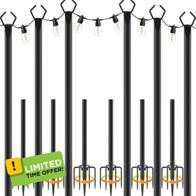 6 Pack 10 ft Heavy Duty Metal String Light Poles Adjustable Outdoor Lighting Stand for Patio