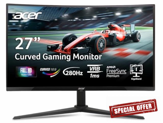 Acer Nitro 27 Inch 1500R Curved Zero-Frame Full HD (1920 x 1080) Gaming Monitor | AMD FreeSync Premium | Up to 280Hz Refresh | 1ms VRB | 1 x Display Port 1.4 and 2 x HDMI 2.0 Ports | XZ270
