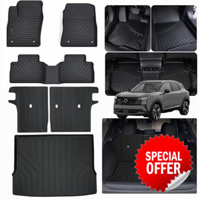 Floor Mats & Trunk Mat & Backrest Mat for 2025 2026 Nissan Kicks TPE All Weather Protection 2 Rows Car Floor Mats with Trunk Mat Fit Upper Level with Velcro Rear Seats Backrest