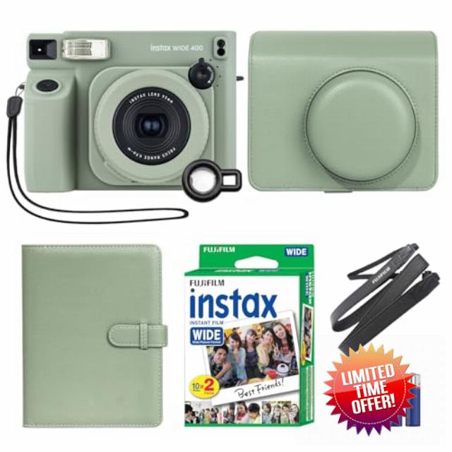 Fujifilm INSTAX Wide 400 Instant Camera Green + MiniMate Accessory Bundle & Compatible Custom Case + Fuji Film Value Pack 20 Sheets Accessories Bundle with Album