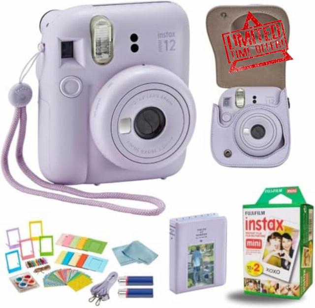 Fujifilm Instant Mini 12 Instant Camera + BluebirdSales Accessory Bundle & Compatible Custom Case + Fuji Instant (20 Shots) Designer Mini Photo Album (60 Pockets) (Lilac Purple)