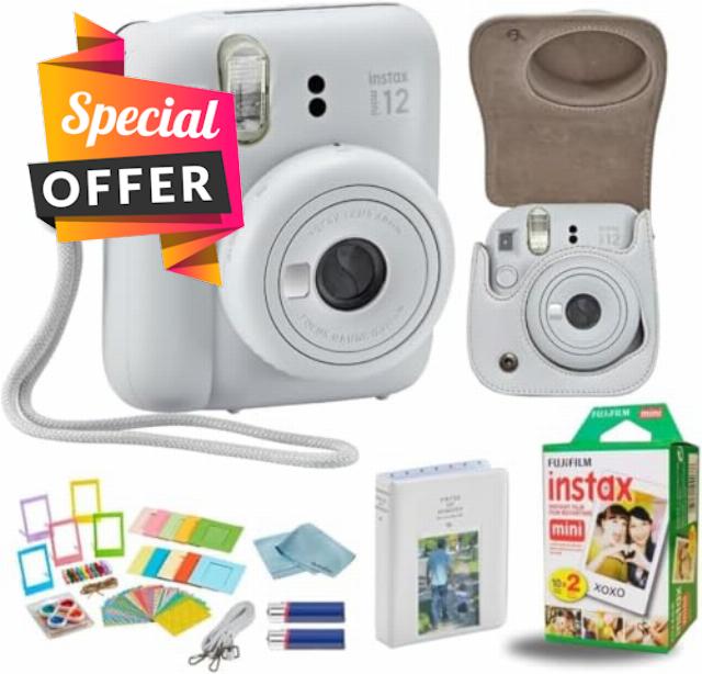 Fujifilm Instant Mini 12 Instant Camera + BluebirdSales Accessory Bundle & Compatible Custom Case + Fuji Instant (20 Shots) Designer Mini Photo Album (60 Pockets) (Clay White)