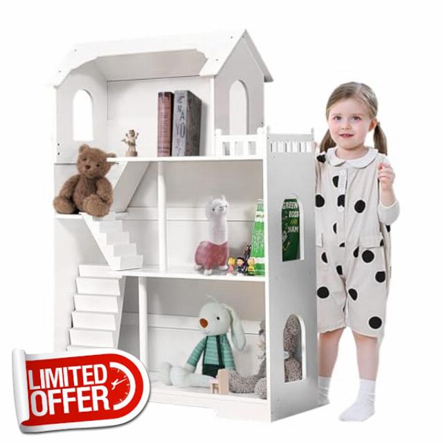 Large White Wooden Toy Dollhouse Bookshelf for Girls