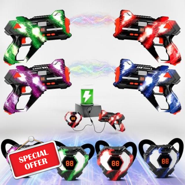 Rechargeable Laser Tag Guns Set of 4 - Front Vest with Real-time Data Digital LED Display