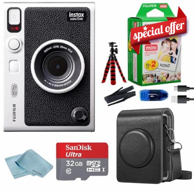 Fujifilm Instant Mini EVO Hybrid Camera Bundle with 20 Instant Film Sheets + 32GB Memory Card + Carrying Case + Flex Tripod + BluebirdSales Cleaning Cloth (Black)