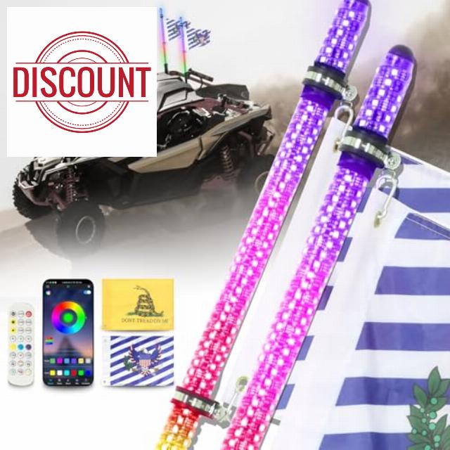 3FT Fat Whip Lights with Turn Blare Flash Light and Signal Brake Function Antenna Whips Side by Side with APP & Remote Control ATV Whip Lights for UTV ATV Can-Am RZR Polaris Offroad