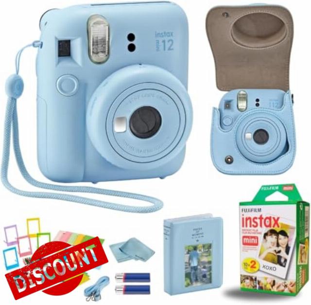 Fujifilm Instant Mini 12 Instant Camera + BluebirdSales Accessory Bundle & Compatible Custom Case + Fuji Instant (20 Shots) Designer Mini Photo Album (60 Pockets) (Pastel Blue)
