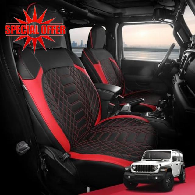 FREESOO Seat Covers for Jeep Wrangler 4 Door JL 2018-2025 1:1 Custom Seat Covers Without Rear Cup Holder - BlackRed