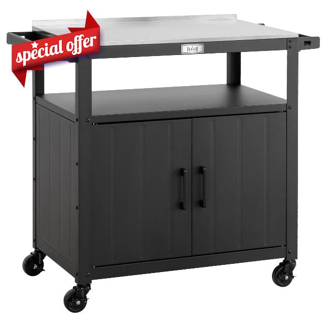Outdoor Grill Cart with Stainless Steel Tabletop and Storage Cabinet