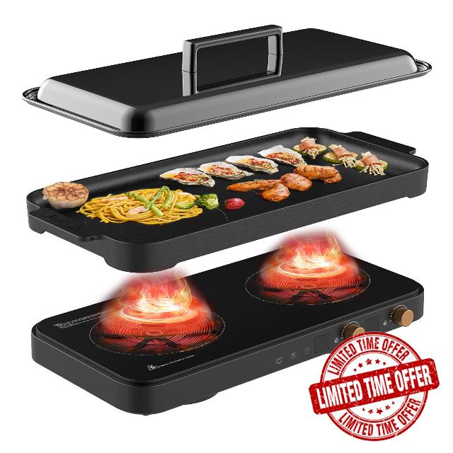 Induction Cooktop 2 Burner with Removable Griddle Pan Non-stick