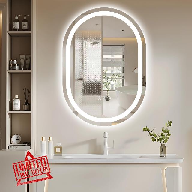 Oval LED Mirror for Bathroom 24 x 36 Inch Anti-Fog Oval Bathroom Mirror with LED Lights 3 Colors Temperature & Stepless Dimmable Bathroom Vanity Mirror for Wall Shatter-Proof Memory