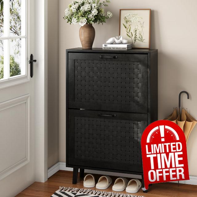 Shoe Storage Cabinet with 2 Flip Handmade Woven Drawers