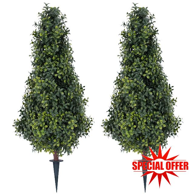 32" Artificial Boxwood Bush Cone Topiary Trees with Spike Eazy to Push in The Ground Great for Outdoor/Indoor Decor 2 Pack