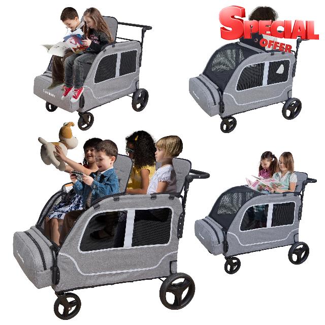 Wagon Stroller 4 Seater Summer Travel Push Wagon for Kids All Terrain Foldable Quad Toddler Wagons for 1 2 3 4 Year Children with Seat (Light Grey)