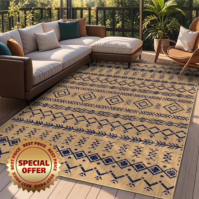 Outdoor/Indoor Area Patio Rug Washable Boho Rug 8x10 ft - Moroccan Geometric Design with Diamond & Fishbone Patterns - Non-Slip
