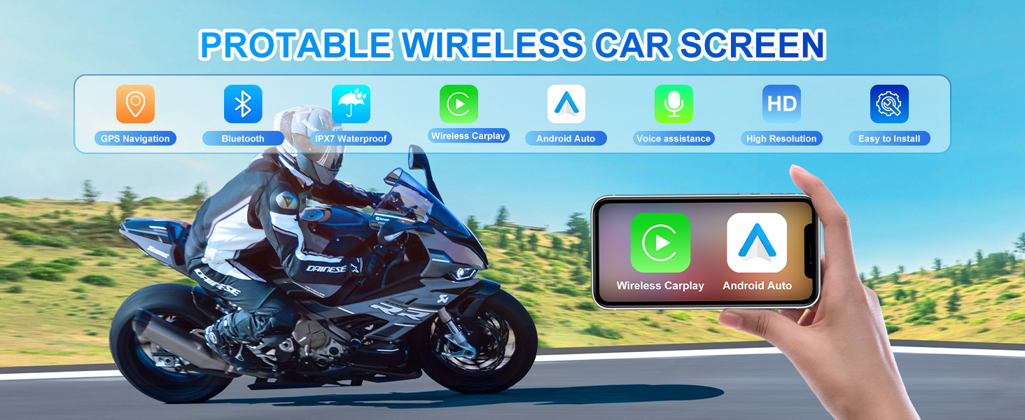 SUPTYGS 7 Inch Wireless CarPlay & Android Auto Screen for Motorcycles