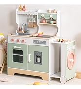 ROBUD Play Kitchen Set, Wooden Play Kitchen with Ice Maker, Fridge, Coffee Machine, Oven, Dishwas...