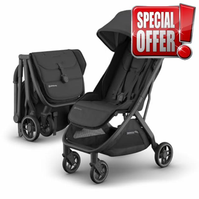 UPPAbaby Minu V3 Travel Stroller | Lightweight + Compact Design | One-Hand Fold + Unfold | from Birth + Overhead Compatible | Jake (Charcoal/Carbon Frame/Black Leather)