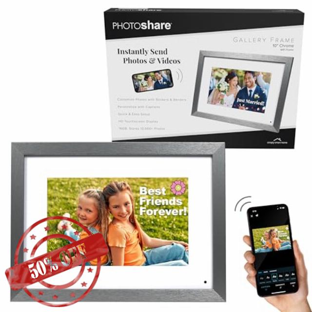 PhotoShare Gallery 10.1” WiFi Digital Photo Frame | Send Photo or Video from Phone to Digital Picture Frame with Free PhotoShare Frame App | End-to-End Encryption | Chrome Finish
