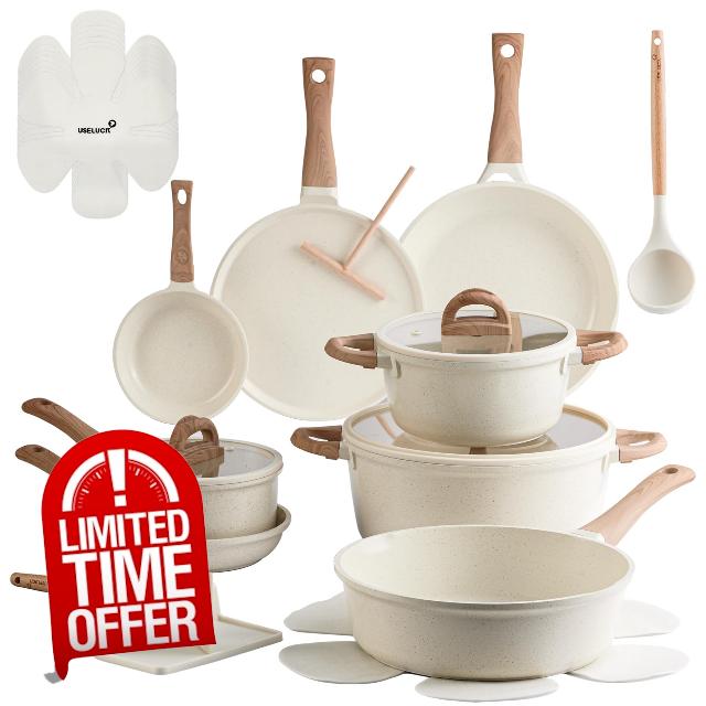 22 Pcs Pots and Pans Set Non Stick Non-Toxic Ceramic Kitchen Cookware Sets Nonstick Pot&Pan With Lid Cream White Granite Induction Compatible with Glass Lids Crepe Frying Pan FOA/PFOS-Free