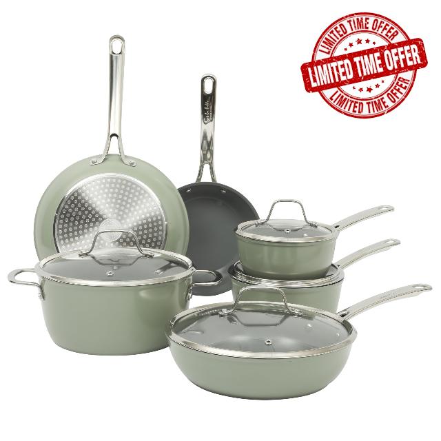 Sur La Table Kitchen Essentials Cool Commune Hard Anodized 10 Piece PFA Free Ceramic Non stick Interior Forged Durable Aluminum Pots and Pans Cookware Set - Green - Induction Compatible