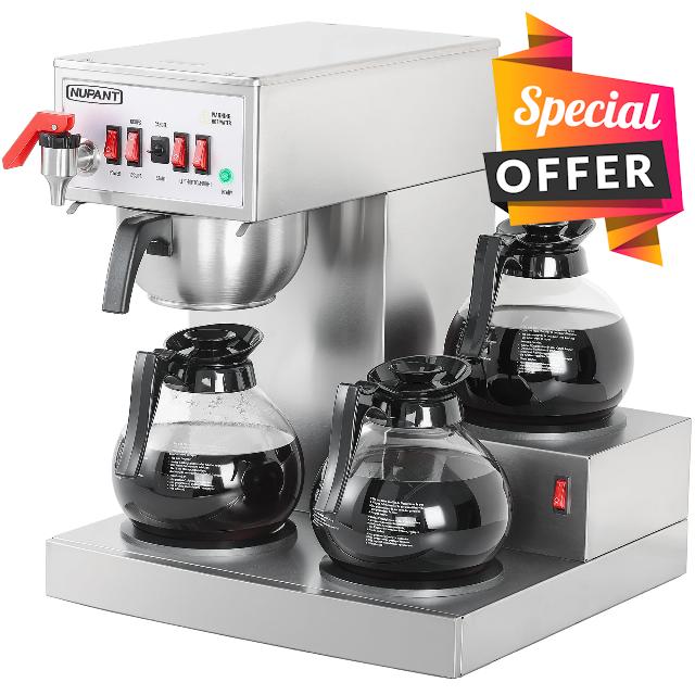 12 Cup Commercial Coffee Maker Auto Filling Drip Coffee Maker Machine with 3 Glass Carafes 3 Warmers Stainless Steel Pour Over Coffee Brewer with Hot Water Dispenser for Restaurant Office Cafe