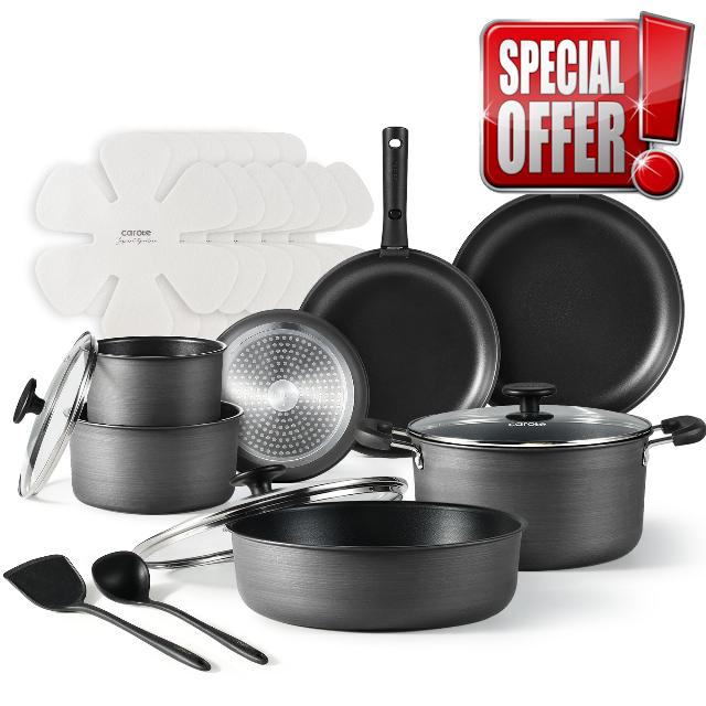CAROTE 20pcs 4-Ply Premium Hard Anodized Pots and Pans Set Non Stick with Detachable Handle