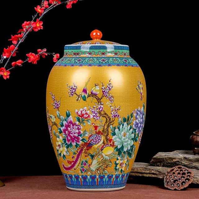 Chinese Design Ceramic Rice Bucket Grain Dispenser With Lid Household Rice Storage Box For Food 10kg Ceramic Grain Bucket Large Rice Jar For Beans Corns Wheat Oatmeal Grain Storage Bin(15KG)(A