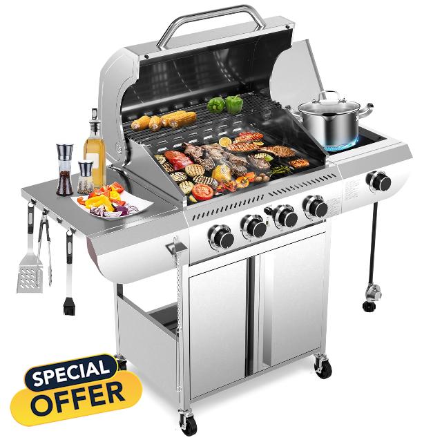 R.W.FLAME 4-Burner Gas Grill with Side Burner