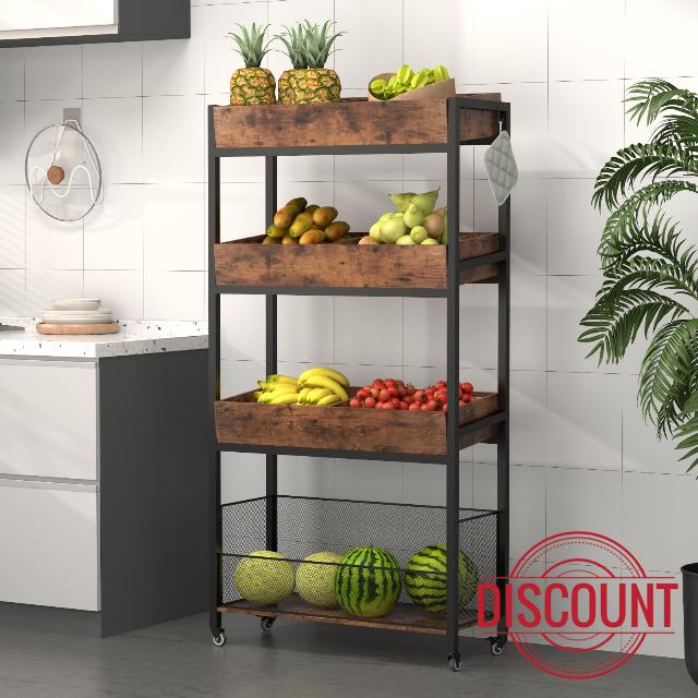 4-Tier Wooden Fruit and Vegetable Basket Stand Rack with Adjustable Feet and Wheels – Multi-Purpose Food Organizer for Kitchen