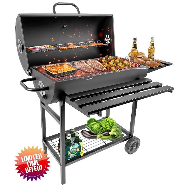 Charcoal BBQ Grill with Thermometer & Foldable Side Table