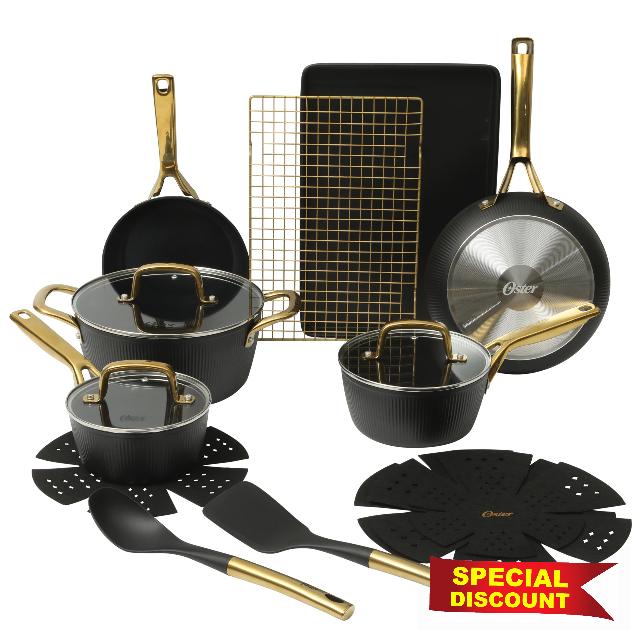 Oster Platinum Abbottsford 16 Piece Aluminum Pots and Pans PFA Free Ceramic Non stick Induction Kitchen Cookware Set - Black W/Gold