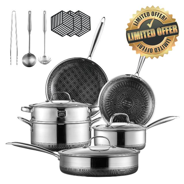 Pots and Pans Set Non Stick 15-Piece Ceramic Hybrid Nonstick Cookware Sets Tri-play Stainless Steel Non-toxic Frying Pan with Glass Lids