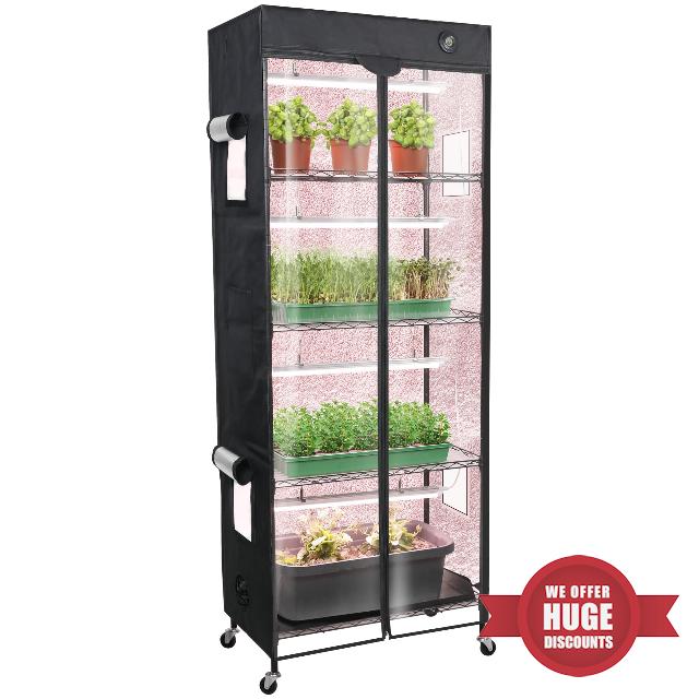 WORTH Mini Greenhouse with LED Grow Lights & Digital Thermo-Hygrometer – Portable Indoor Plant Grow Tent with Oxford Fabric Cover