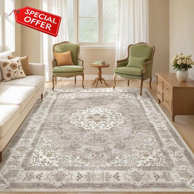 10x12 Area Rug Living Room: Washable Boho Large Neutral Floral Rugs Soft Farmhouse Indoor Floor Vintage Non Slip Carpet for Bedroom Nursery Kids Playroom Dining Room Office Home House- Brown