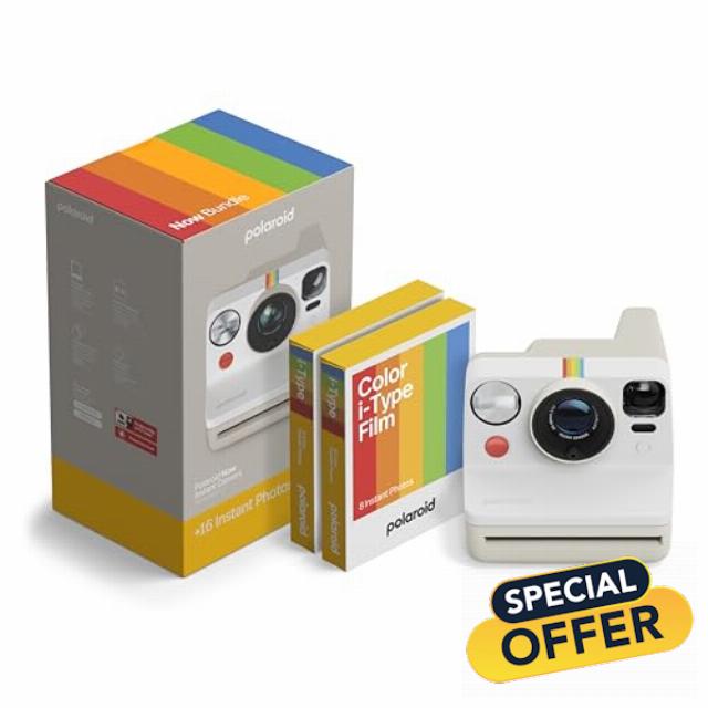 Polaroid Now 3rd Generation I-Type Instant Camera + Film Bundle - Now Pebble White Camera + 16 Color Photos (6561)