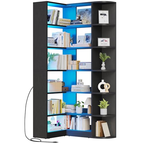 Black Bookshelf 6 Tier Corner Shelf L-Shaped Bookcase Storage Display Shelf for Home Office
