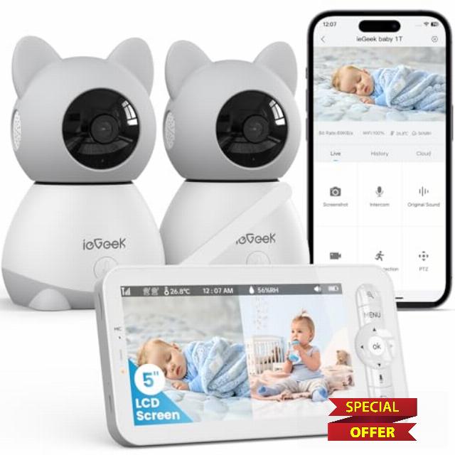 ieGeek Split-Screen Baby Monitor with 2 Camera and Audio-Two 2K Video Monitor with 5" Screen -Night Vision