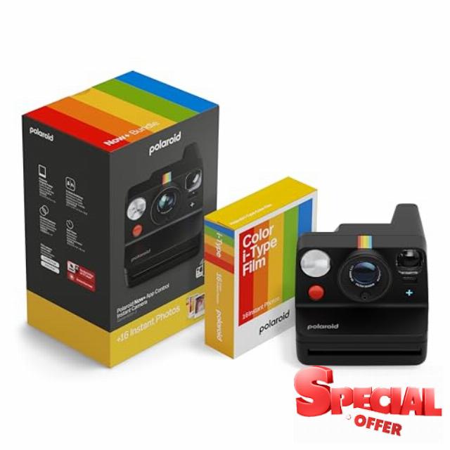 Polaroid Now+ 3rd Generation I-Type Instant Camera + Film Bundle - Now+ Bluetooth App Controlled Black Camera + 16 Color Photos (6562)