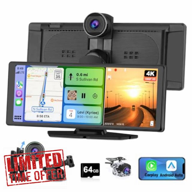 Portable Wireless CarPlay Screen for Car with 4K Dash Cam+1080P Backup Camera