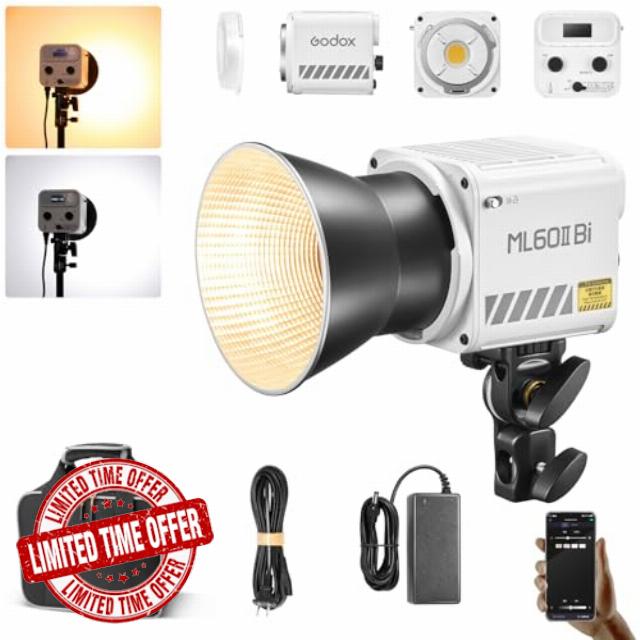 Godox ML60IIBi 70W Bi-Color LED Video Light 2800-5600K 13000Lux Portable Continous Output Lighting for Studio Live Streaming Video Recording(ML60II Bi)