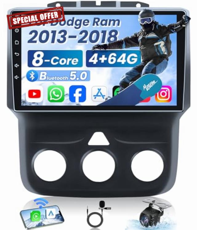 8 Core 4+64G Car Stereo Radio for Dodge RAM 1500 2500 3500 2013-2018 (Manual AC): 36EQ 1280 * 800 HD Touchscreen CarPlay Android 13 Bluetooth 5.0 DSP SWC Mirror Link 1080P Backup Camera