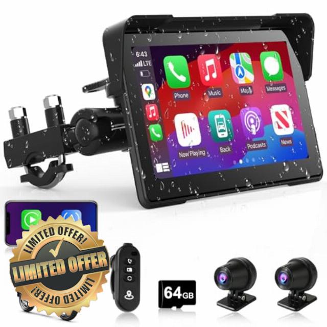 Motorcycle CarPlay & Android Auto 7 inch Motorcycle DVR Wireless Carplay Screen for Moto with Dual 2K Cameras GPS Navigation for Motorbike
