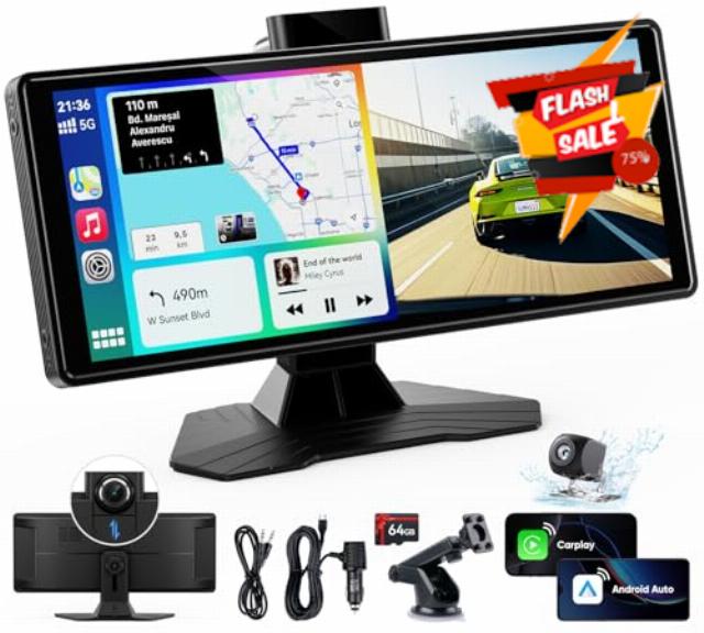 Portable Wireless Carplay Screen for Car: 10.26" HD Car Tablet Compatible with Apple Carplay Android Auto Stereo Touchscreen with 4K Dash Cam/Backup Camera/GPS Navigation/Voice Control/Mirror Link