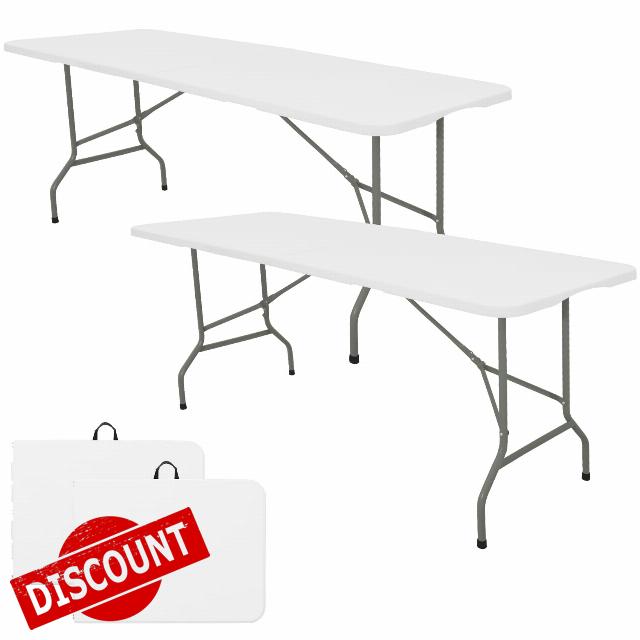 Set of 2 Folding Table 6 FT Camping Table Portable Heavy Duty Plastic Rectangular Outdoor Dining Table Steel Legs Fold-in-Half with Carrying Handle for Indoor